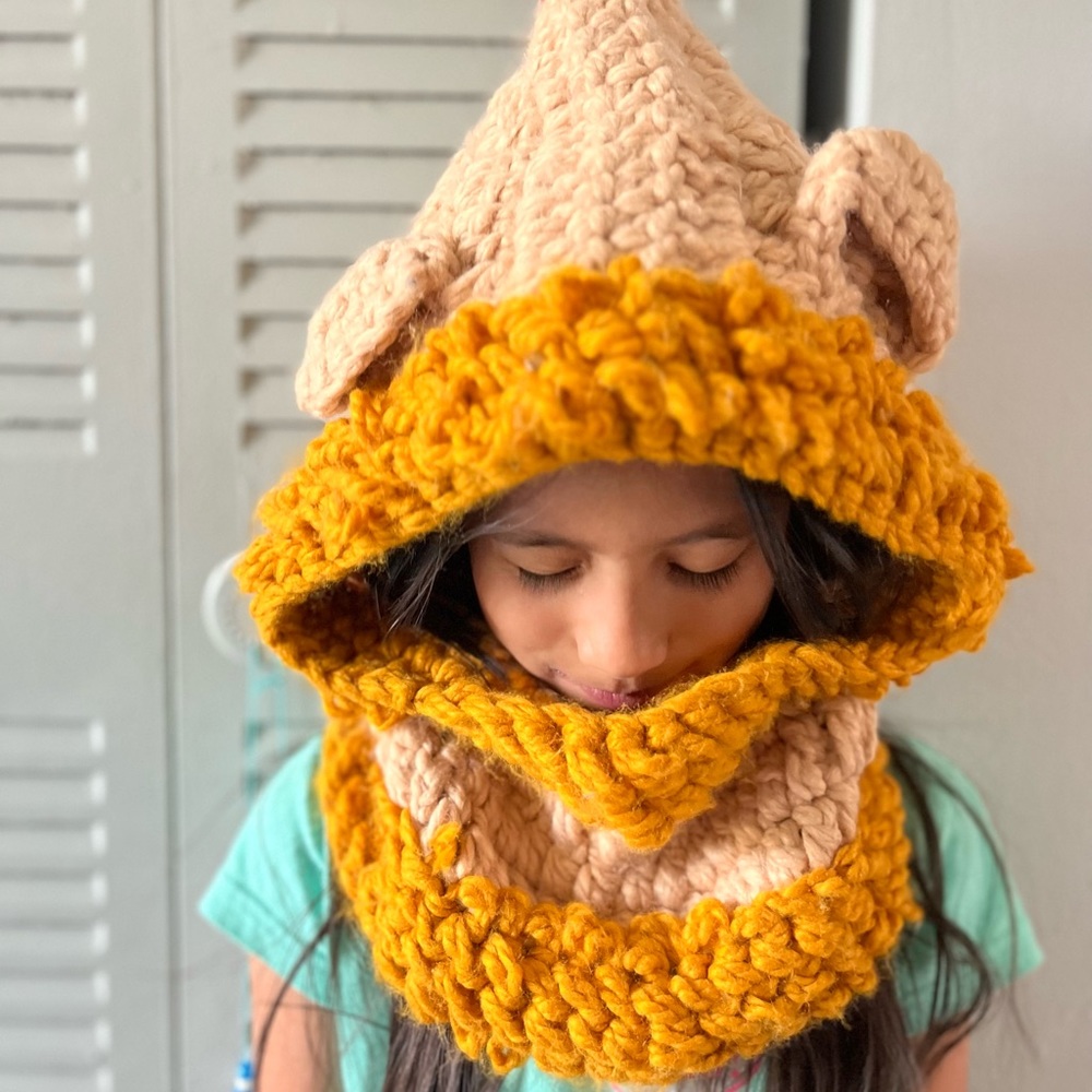 Handknit Animal Hooded Chunky Hat with Neck Handmade Yellow and Cream One Size